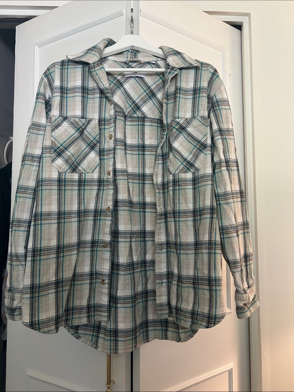 TNA Cream Plaid Shirt with Teal and Gray Accents